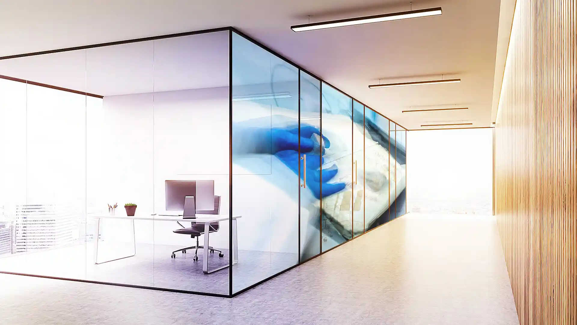 Plans, Videomapping auf Glasflächen als Innenarchitektur, Beamer Projektion einer audiovisuellen Installation für Memocon, Bild 12