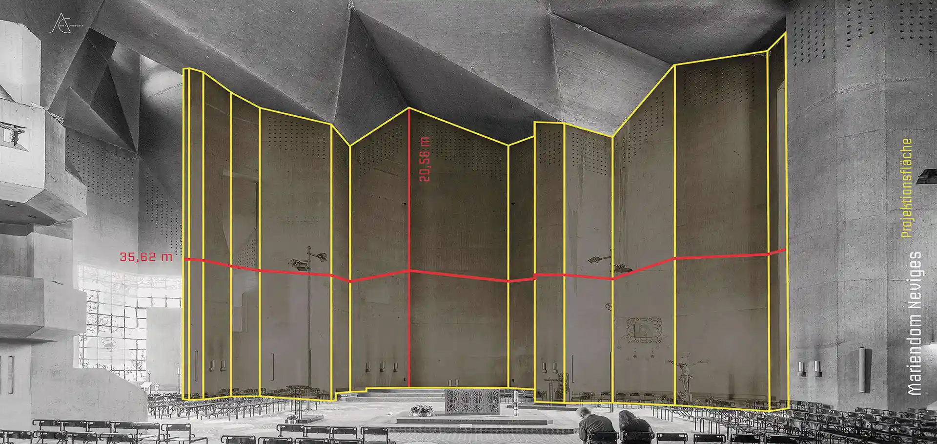 Dimensions of the projection surface for PHARUS, sanctuary wall Mariendom Neviges