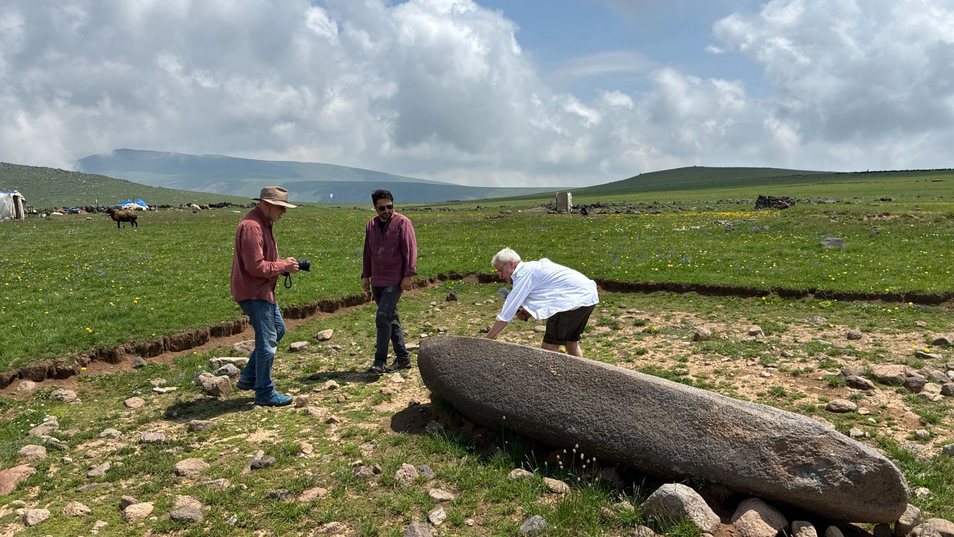 Peter, Hrachya and Ron with a Dragon Stone on Mount Aragats